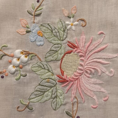 Vintage 1980s embroidered tablecloth used, fabric for upcycling