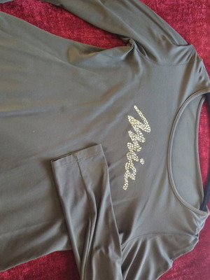Mia khaki blouse elastic with embossed leather logo, size M