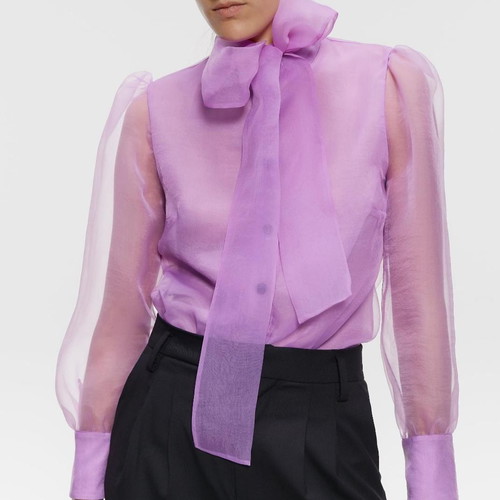 Zara Sheer Shirt With Bow Used, Pink-Purple, Small