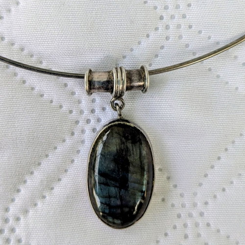 Vintage Ethnic Silver Necklace Choker with Natural Labradorite