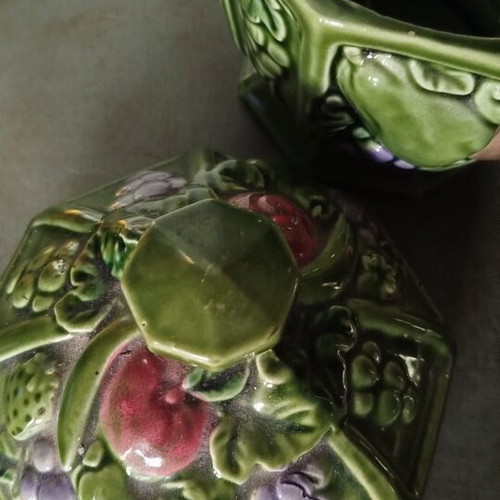 Vintage Japanese ceramic covered jar Majolica style
