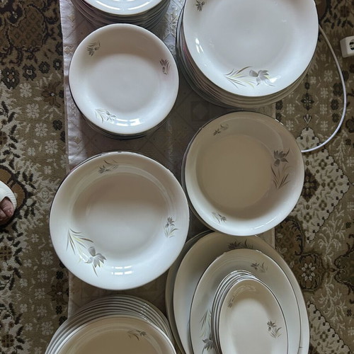 Candia porcelain dinnerware set used, 12 plates and assorted pieces