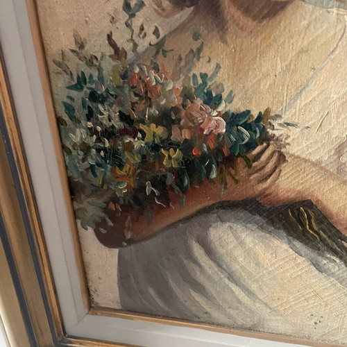 Canvas painting girl with flowers used, very old