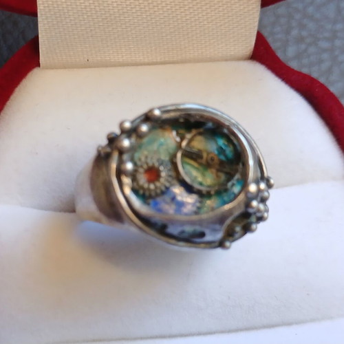 Silver 925 ring with gears and enamel, handmade, like new