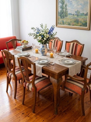 Walnut dining table set like new with 4 armchairs and 2 chairs