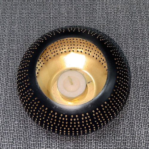 Metal tealight candle holder used black-gold with perforated design