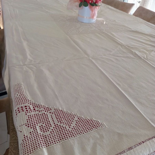 Handmade Beige Tablecloth with Crochet and Azur, like new, 193x188 cm