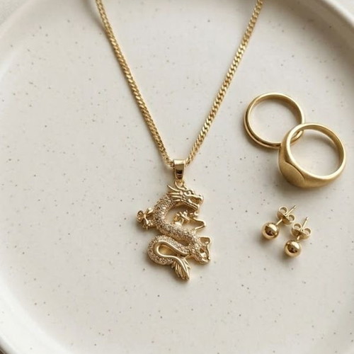 Gold dragon necklace with rhinestones, Gothic fantasy