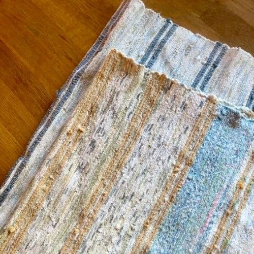 Two vintage handwoven rag rugs used, pack of 2, white with blue and beige