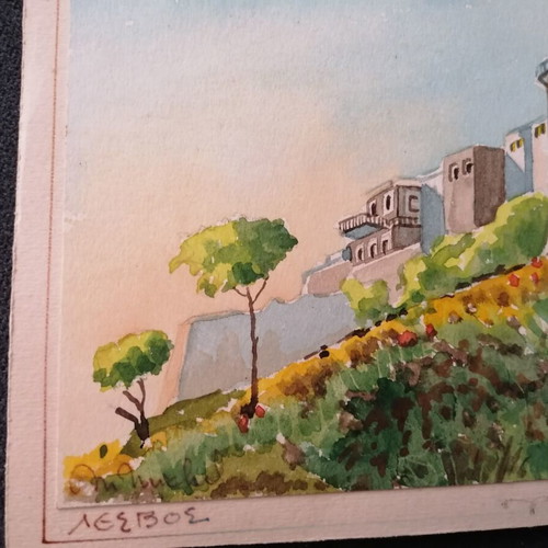 Lesbos watercolor painting used, pencil, 20x30cm