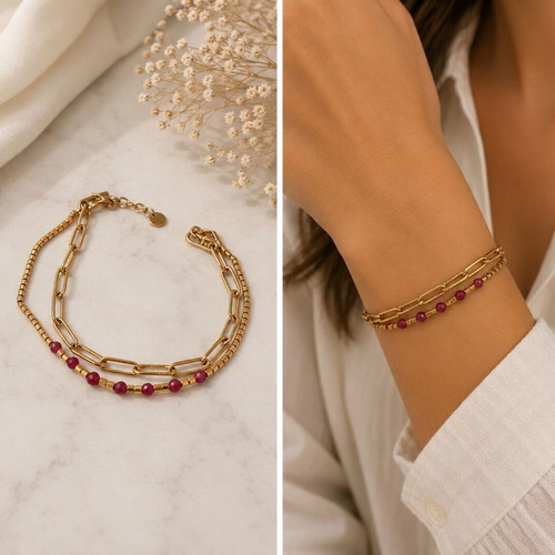 Gold double bracelet with burgundy beads, stainless steel, new