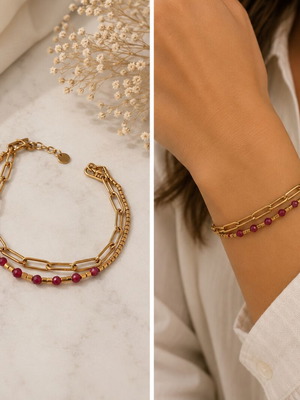 Gold double bracelet with burgundy beads, stainless steel, new