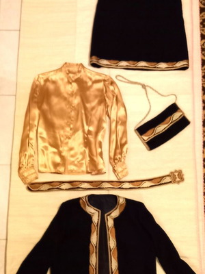 Metsovitiko wool suit with satin shirt, belt and embroidered handbag