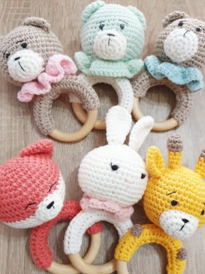 Knitted rattle handmade with natural wood made to order