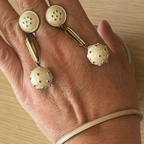 Antique French jewelry set used, clip earrings and enamel bracelet