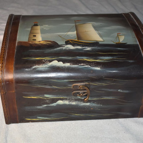 Wooden Storage Box with Nautical Theme vintage style used