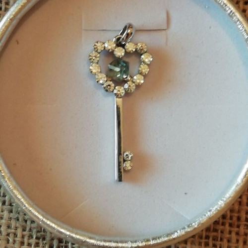 Charm stainless steel key necklace new silver with blue and clear zircon