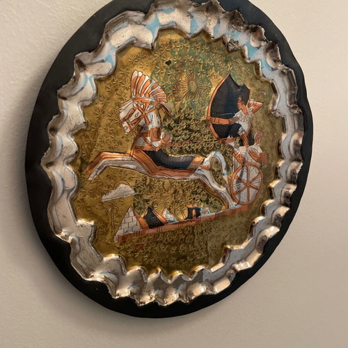 Decorative wall plate used, brass with Egyptian warrior