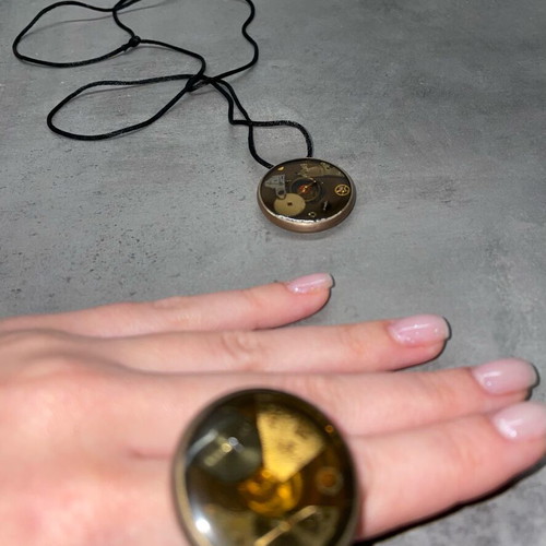 Vintage ring and necklace set with watch gears like new