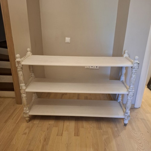 Wooden shelf with white patina used, 3 shelves, 128x40x90 cm