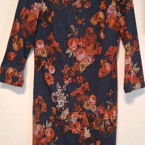 Floral dress mid-length tight with back zipper like new, blue
