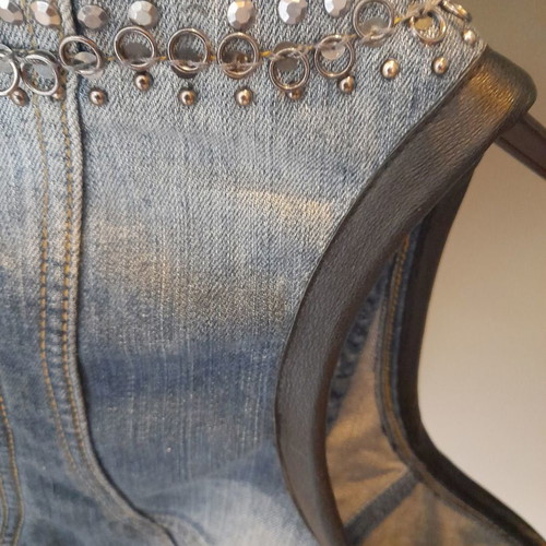 Cinema denim skirt and vest set with genuine leather like new
