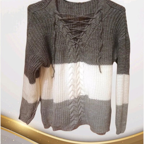 Striped white gray sweater with laces like new, size XL