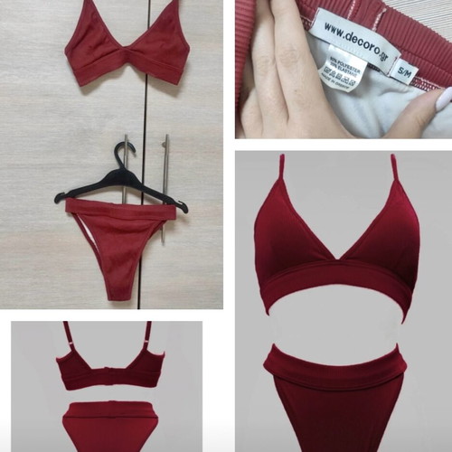 Decoro bikini set ribbed high waist swimwear new, wine red