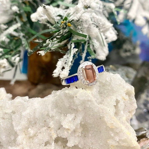 Handmade silver ring with natural pink tourmaline, sapphires & moissanite