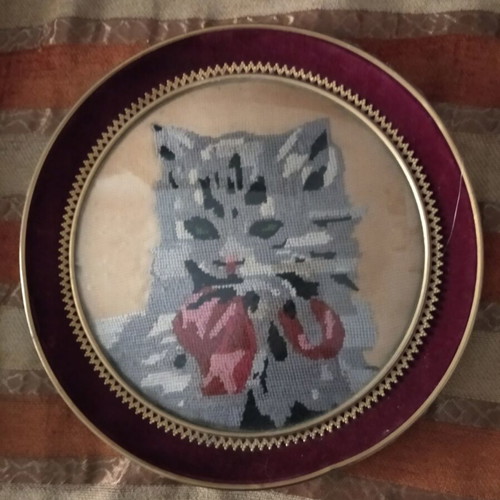 Hand-embroidered vintage cat textile painting, framed, 15 cm