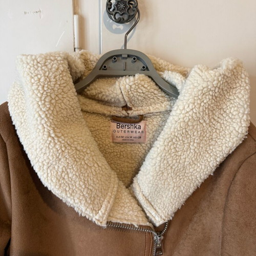 Bershka shearling coat used, brown suede with beige lining