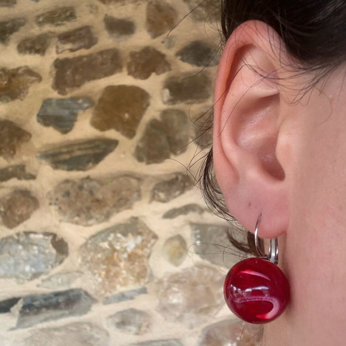 Red burgundy ball-shaped earrings with silver clasps like new