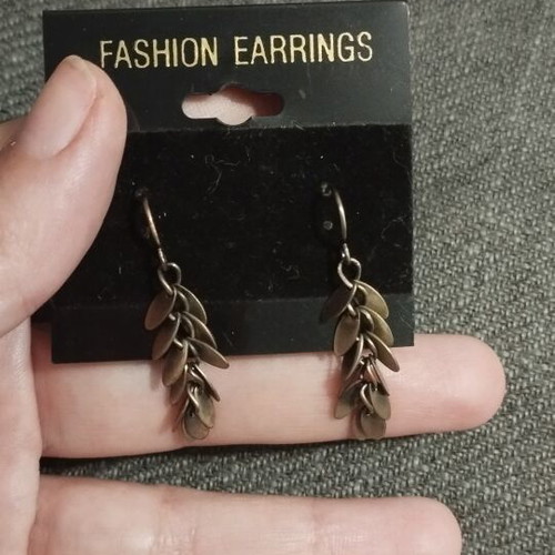 Boho hanging earrings with layered leaves, new, antique bronze