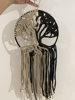 Macramé Tree of Life Wall Hanging handmade, beige and black cotton cord