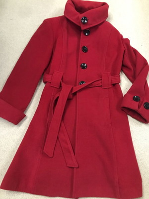 Passager red coat like new with black buttons and belt