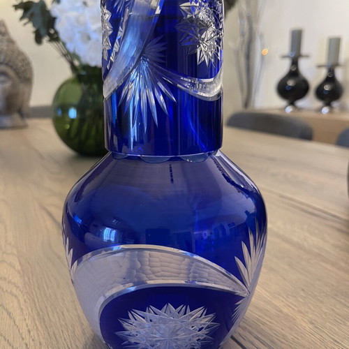 Antique carafe with glass like new, special blue color