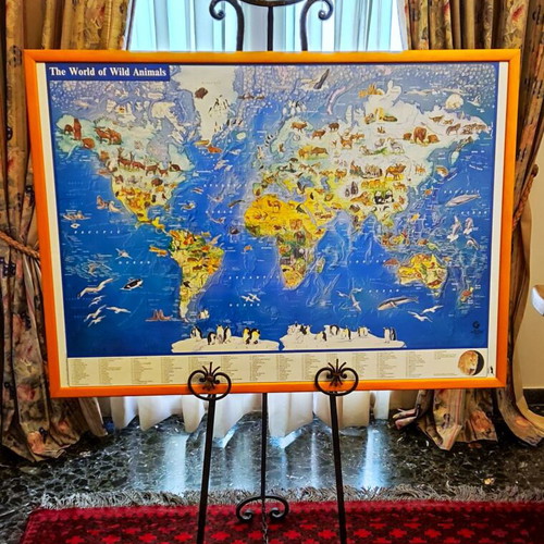 The World of Wild Animals Educational Poster like new, wooden frame