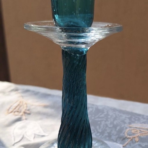 Glass candlestick new, petrol color, 16 cm height