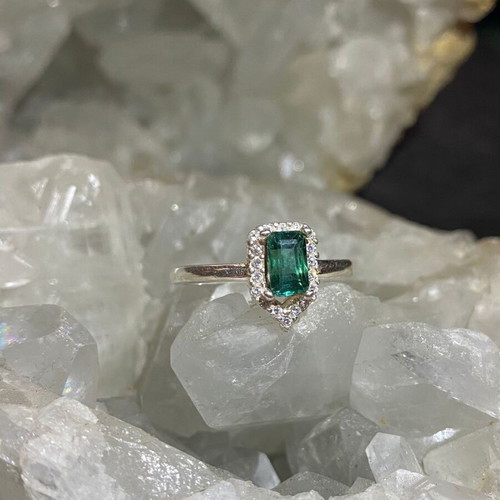 Silver ring with natural indicolite tourmaline and moissanite