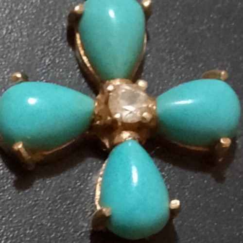 14K Gold Vintage Cross with Turquoise and Zircon