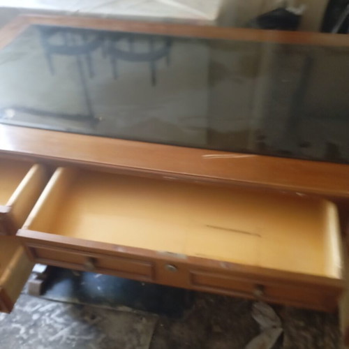 Wooden desk vintage with glass top and 5 drawers