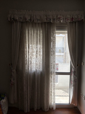 Curtain set used, 5 pieces with floral embroidered sheer and blackout curtains
