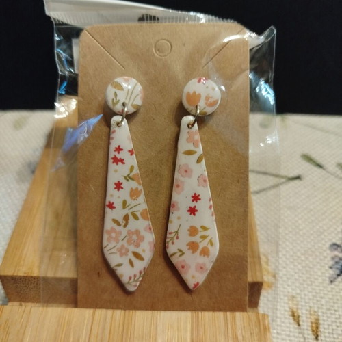 Handmade tie-shaped earrings colorful floral polymer clay new
