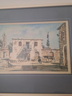 Πίνακας ακουαρέλα Μάικ Πάτσαλου 1987 που απεικονίζει το χωριό Τάλα, σαν καινούργιος