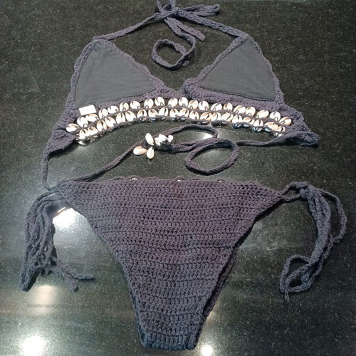 Knitted swimsuit like new, size Small, black with shells