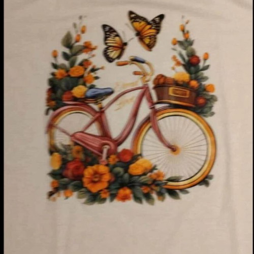 White mako t-shirt with colorful bicycle and flowers print, like new, size L