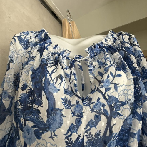 Virginia Karafousia off shoulder top and maxi skirt set new, white and blue