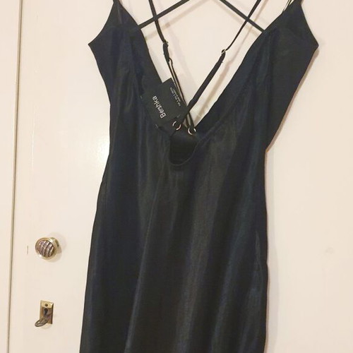 Satin dress Bershka with unique straps like new, black, size S