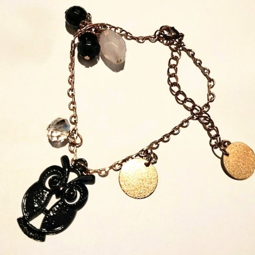 Black Owl bracelet handmade, adjustable with gold chain and glass beads