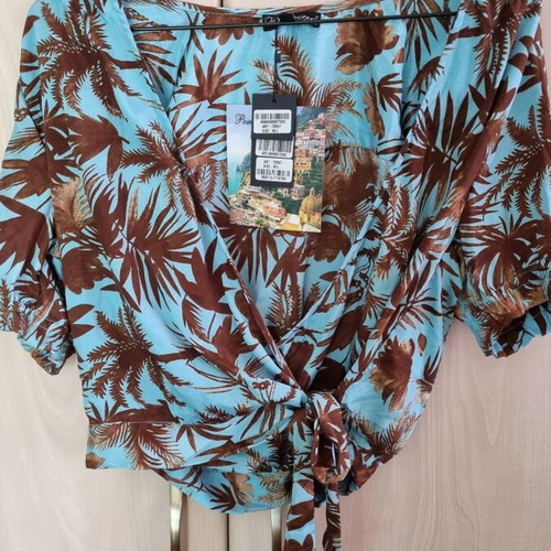 Silk set with wide palazzo pants and top, new, brown and turquoise